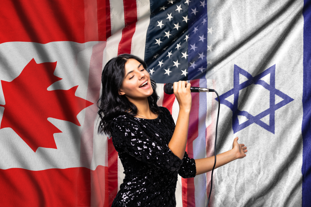 Woman singing in front of three flags